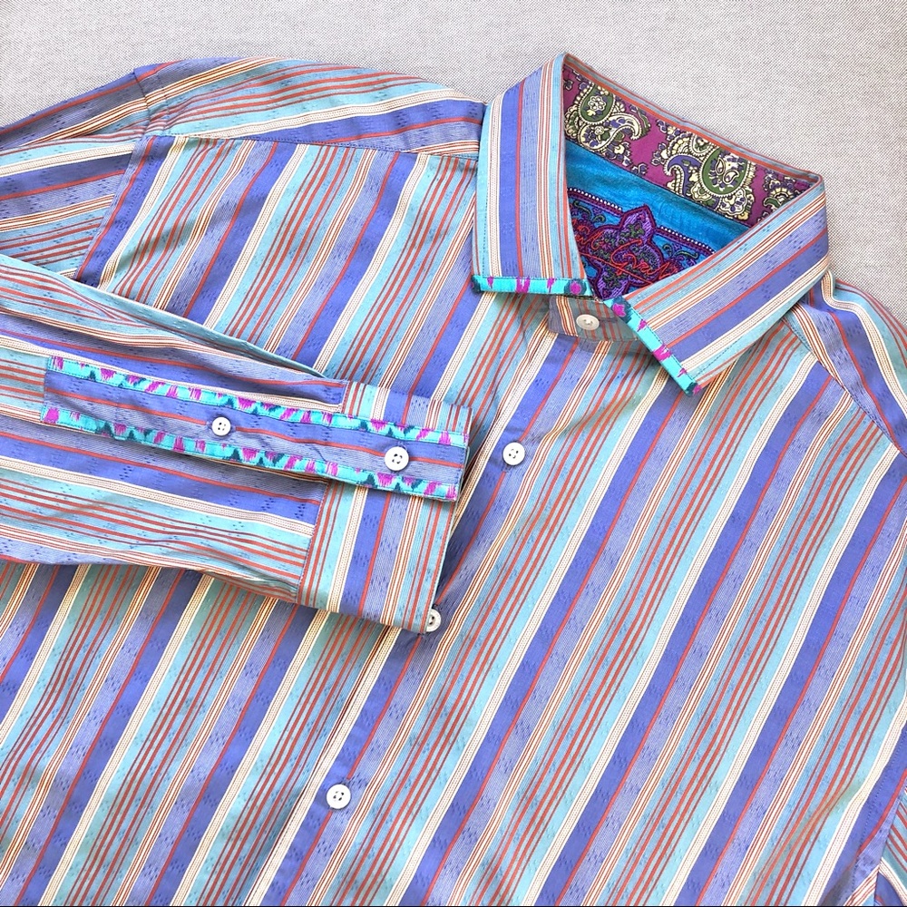 Men's Striped Button-Up Shirt in Lavender and Multicolor